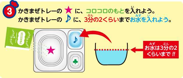 ③ かきまぜトレーの★に、コロコロのもとを入れよう。かきまぜトレーの♪に、3分の2くらいまでお水を入れよう。