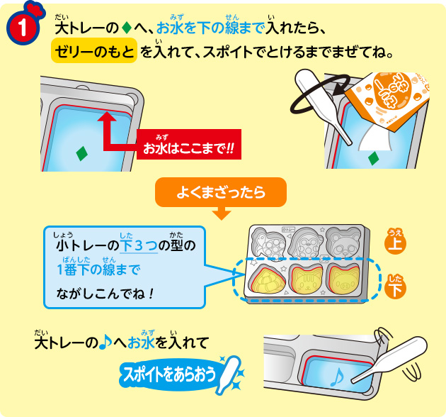 大トレーの♦へ、お水を下の線まで入れたら、ゼリーのもと を入れて、スポイトでとけるまでまぜてね。大トレーの♪へお水を入れて