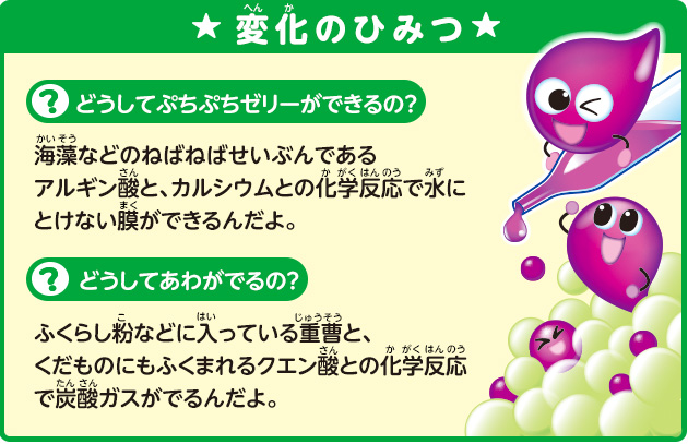 〔変化のひみつ〕どうしてぷちぷちゼリーができるの？ 海藻などのねばねばせいぶんであるアルギン酸と、カルシウムとの化学反応で水にとけない膜ができるんだよ。どうしてあわがでるの？ ふくらし粉などに入っている重曹と、くだものにもふくまれるクエン酸との化学反応で炭酸ガスがでるんだよ。