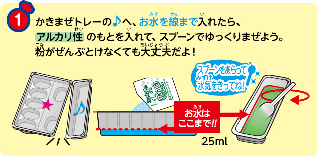 かきまぜトレーの♪へ、お水を線まで入れたら、アルカリ性 のもとを入れて、スプーンでゆっくりまぜよう。粉がぜんぶとけなくても大丈夫だよ！