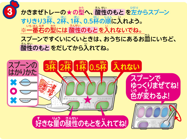 かきまぜトレーの★の型へ、酸性のもとを左からスプーンすりきり3杯、2杯、1杯、0.5杯の順に入れよう。※一番右の型には酸性のもとを入れないでね。スプーンですくいにくいときは、おうちにあるお皿にいちど、酸性のもとをだしてから入れてね。