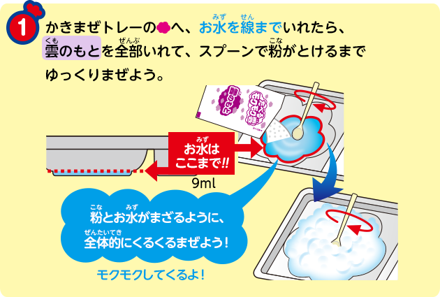 かきまぜトレーの਩へ、お水を線までいれたら、雲のもとを全部いれて、スプーンで粉がとけるまで	ゆっくりまぜよう。