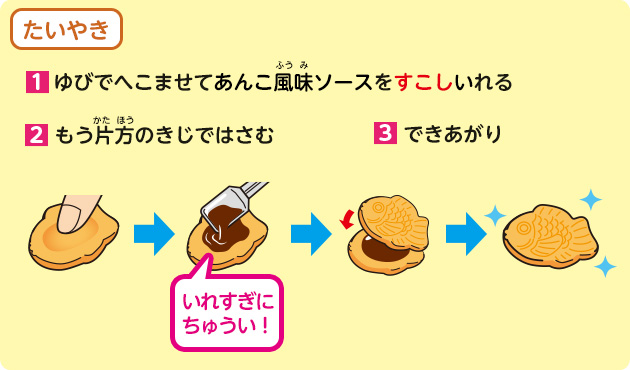 たいやき
            1.ゆびでへこませてあんこ風味ソースをすこしいれる
            2.もう片方のきじではさむ
            3.できあがり
            