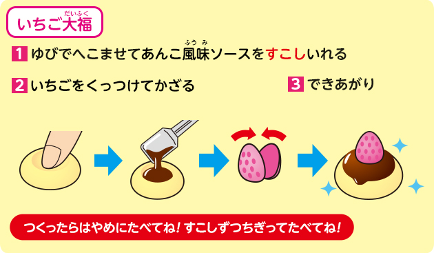 いちご大福
            1.ゆびでへこませてあんこ風味ソースをすこしいれる
            2.いちごをくっつけてかざる
            3.できあがり