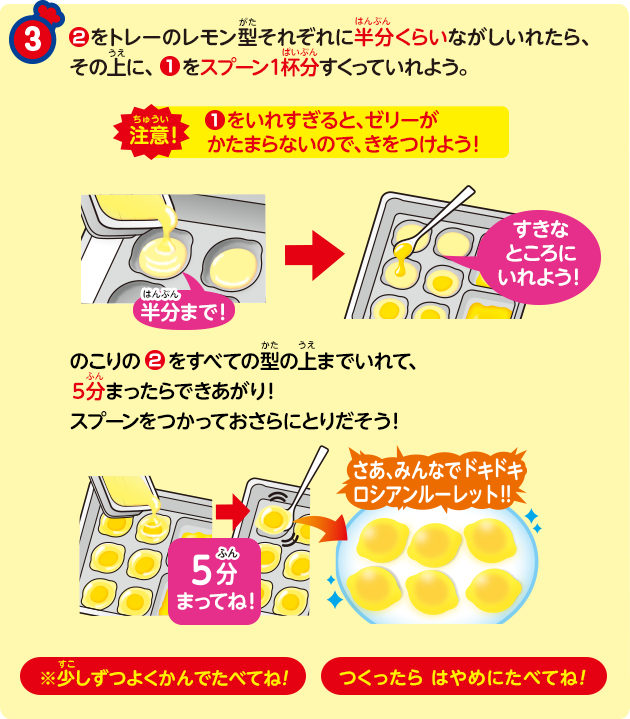 ❷をトレーのレモン型それぞれに半分くらいながしいれたら、その上に、❶をスプーン1杯分すくっていれよう。のこりの❷をすべて型の上までいれて、5分まったらできあがり！スプーンをつかっておさらにとりだそう！